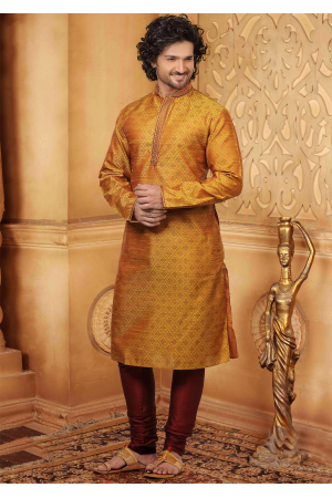 Gold Color Jacquard And Poly Fabric Kurta Set